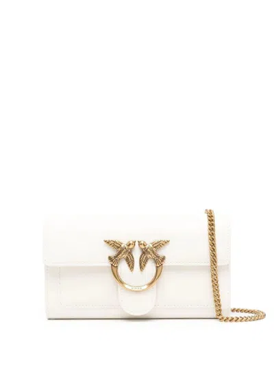 Pinko Love One Leather Crossbody Bag In Bianco Seta-antique Gold