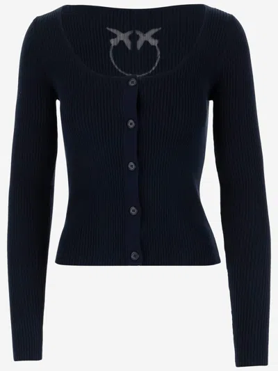 Pinko Silk And Cotton Cardigan With Logo In Blue