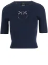 Pinko Crewneck Embroidered Tritone Ribbed Short Sleeves Sweater In Blue