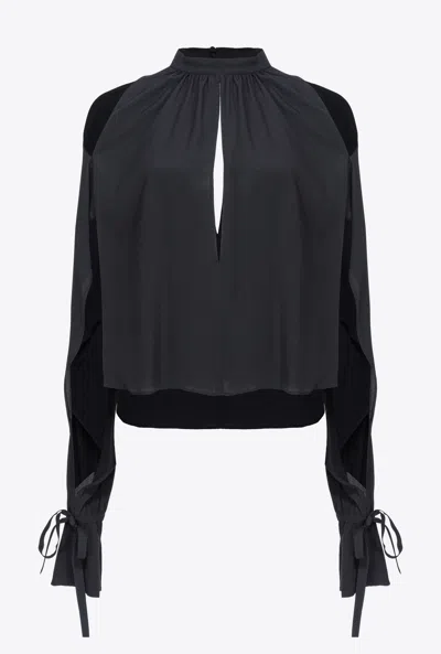 Pinko Silk-blend Blouse With Ruffled Sleeves In Limo Black