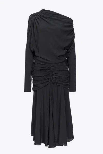 Pinko Silk-blend Crepe Midi Dress With Draping In Limo Black