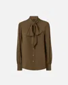 Pinko Silk-blend Shirt With Bow In Green-undergrowth