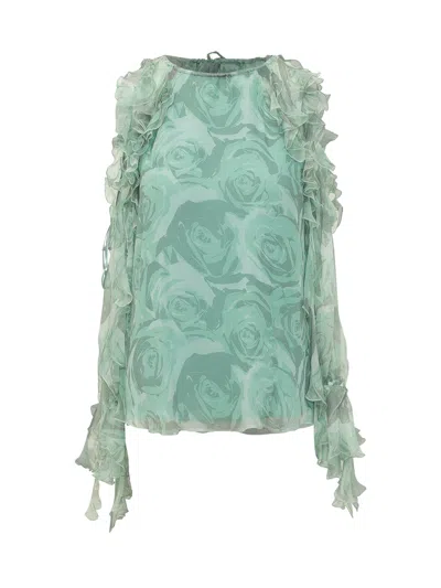 Pinko Ruffled Floral-print Blouse In Green