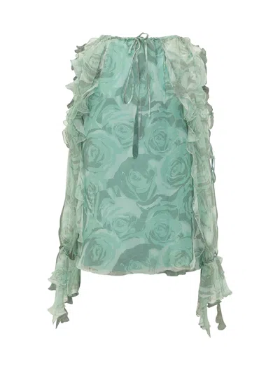 Pinko Silk Floral Print Blouse In Mult.verde/grigio