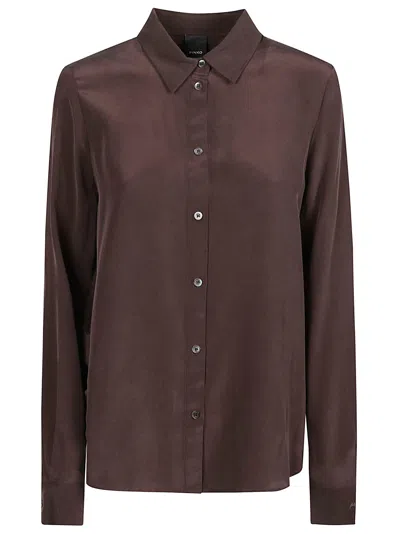 Pinko Silk Long Sleeve Shirt With Classic Collar And Pleated Back In Burgundy