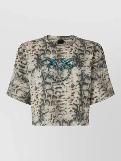Pinko Silk Nylon Animal Print Crew Neck Top In Gray