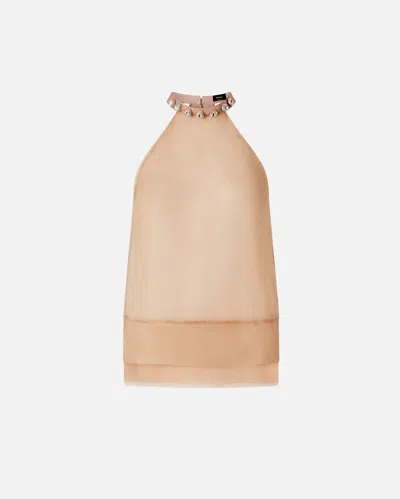 PINKO SILK ORGANZA TOP WITH JEWEL EMBROIDERY ON THE NECK