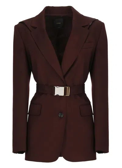 Pinko Single-breasted Belted Blazer In Bordeaux