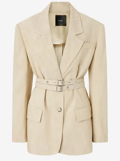 Pinko Single-breasted Jacket With Double Belt In Beige