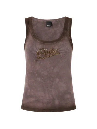 Pinko Sleeveless Beaded Ribbed Top In Burgundy