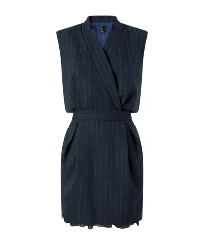 Pinko Sleeveless Short Dress In Pinstripe Poly Wool In Blue