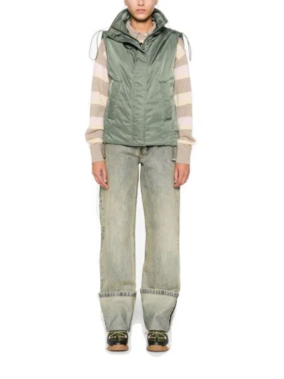 Pinko Sleeveless Green Knit Jacket With High Collar In Gray