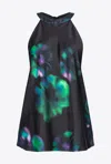 Pinko Sleeveless Satin Top With Floral Print In Black/green