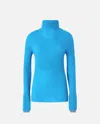 Pinko High-neck Ribbed Cashmere-blend Sweater With Lurex Cuffs In Turquoise/grey