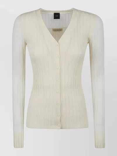 Pinko Ribbed Slim-fit Cardigan In Wool-silk-cashmere Blend In Neutral