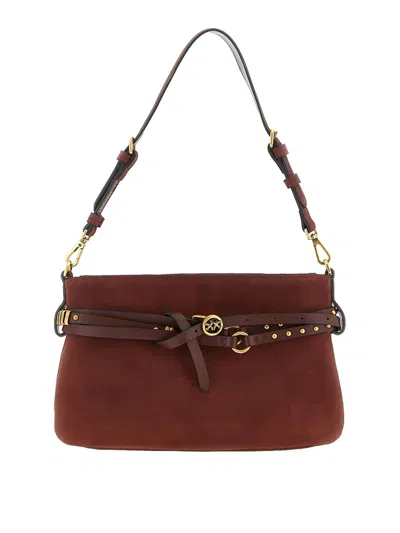 Pinko Small Belt Shoulder Bag In Bordeaux Suede In Red