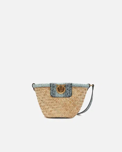 Pinko Small Bucket Bag In Woven Raffia And Leather