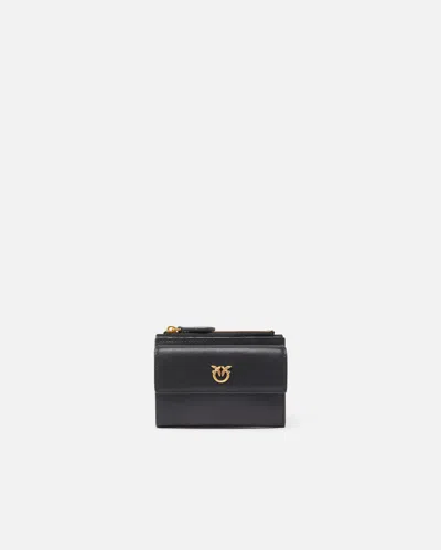 Pinko Small Compact Wallet In Smooth Leather With Logo In Black-antique Gold