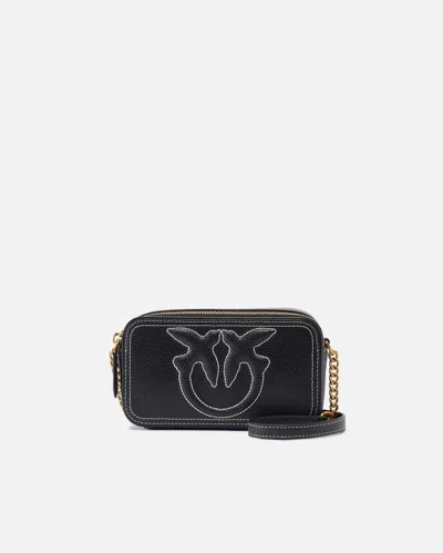 Pinko Small Crossbody Bag With Raised Love Birds Logo In Black-antique Gold