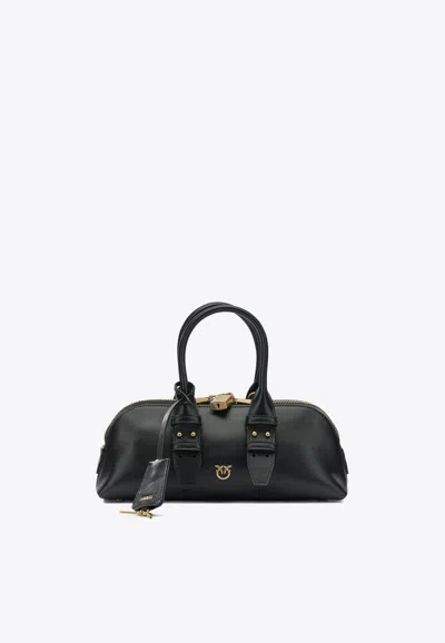 Pinko Bowling Bag Horizontal Black Handbag With Adjustable And Removable Shoulder Strap And Padlock Detail