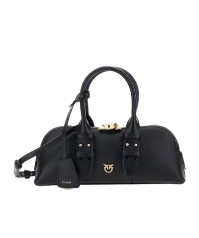 Pinko Bowling Bag Horizontal Black Handbag With Adjustable And Removable Shoulder Strap And Padlock Detail