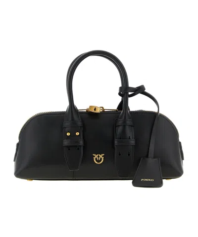 Pinko Bowling Bag Horizontal Black Handbag With Adjustable And Removable Shoulder Strap And Padlock Detail