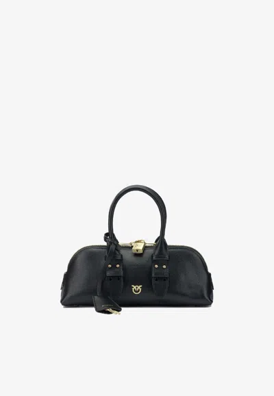 Pinko Bowling Bag Horizontal Black Handbag With Adjustable And Removable Shoulder Strap And Padlock Detail