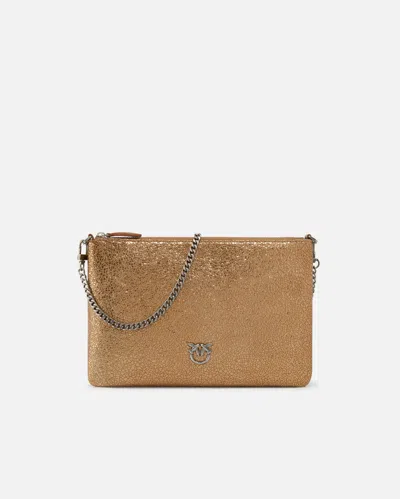 Pinko Small Laminated Leather Handheld Pochette Bag In Bronze-old Silver