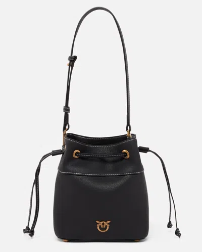 Pinko Small Leather Bucket Bag With Shoulder Strap In Black-antique Gold