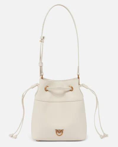 Pinko Small Leather Bucket Bag With Shoulder Strap In White+white-antique Gold