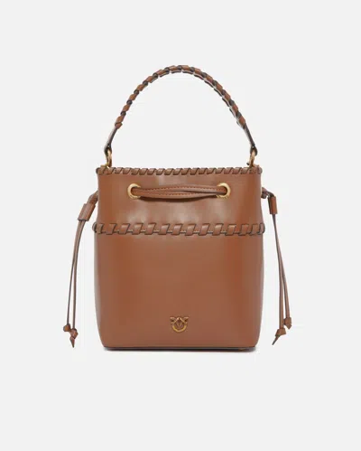 Pinko Small Leather Bucket Bag With Threaded Detailing In Brown