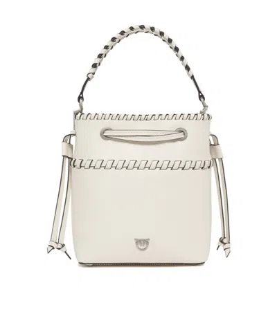Pinko Small Leather Bucket Bag With Threaded Detailing In White