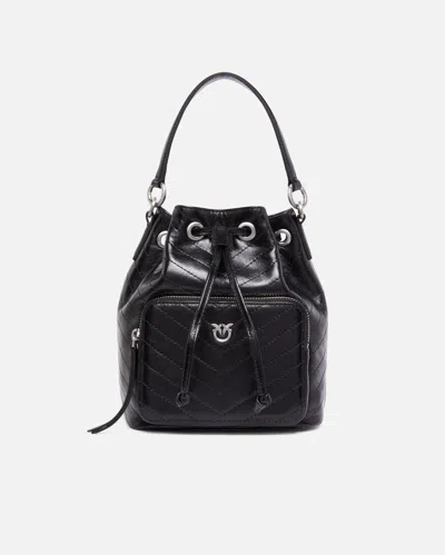 Pinko Small Leather Cargo Bucket Bag With Pocket In Black