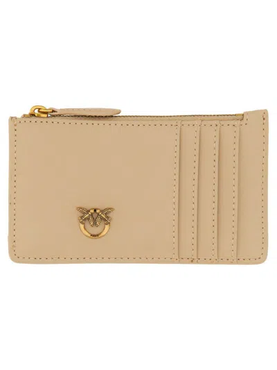 Pinko Leather Card Holder In Beige