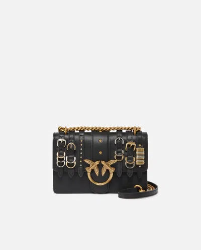 Pinko Small Leather Love Bag Shoulder Bag With Straps In Limousine Black