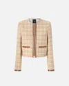 Pinko Small Open Jacket In Tweed And Imitation Leather In Beige/grigio/argento