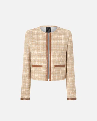 Pinko Small Open Jacket In Tweed And Imitation Leather In Beige