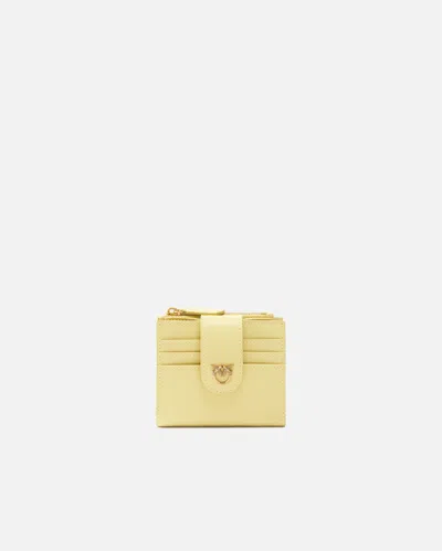 Pinko Small Smooth Leather Wallet With Logo In Citron Vert-or Antique