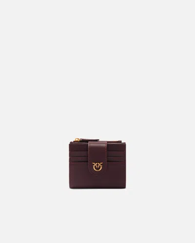 Pinko Small Smooth Leather Wallet With Logo In Raisins De Catawba-or Antique