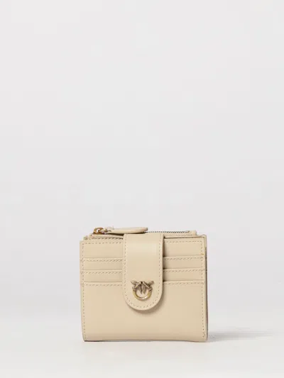 Pinko Small Smooth Leather Wallet With Metallic Love Birds Logo In Neutral