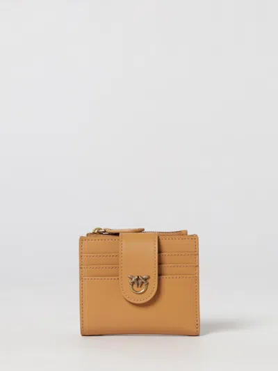 Pinko Small Smooth Leather Wallet With Metallic Love Birds Logo In Biscuit