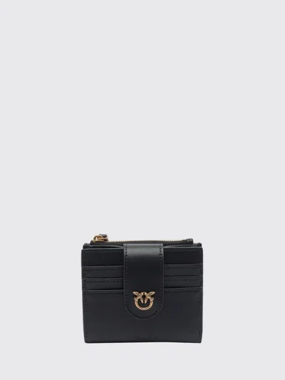 Pinko Small Smooth Leather Wallet With Metallic Love Birds Logo In Black