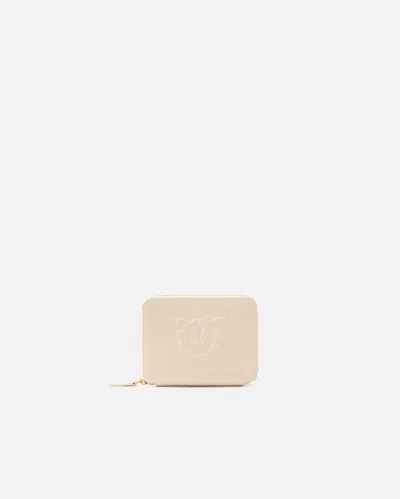 Pinko Small Square Leather Wallet With Raised Logo In Beige-gris Fumée-or Antique