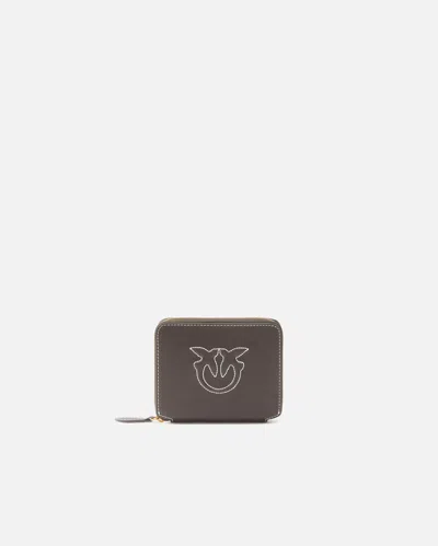 Pinko Small Square Leather Wallet With Raised Logo In Brun-or Antique