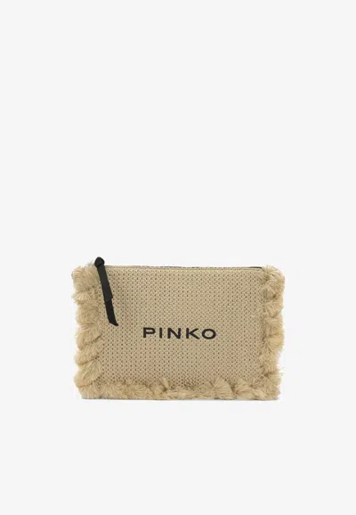 Pinko Small Woven Raffia Clutch In Beige