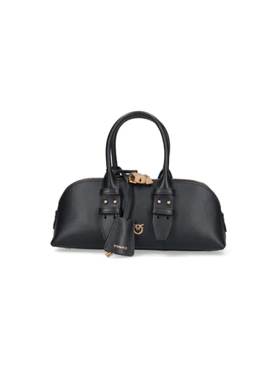 Pinko Smooth Black Leather Tote With Gold Hardware Accents