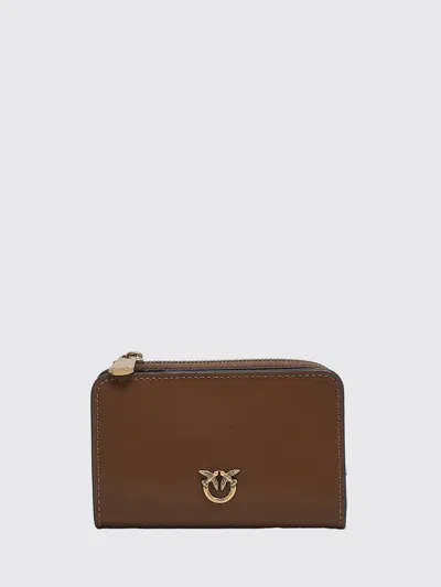 Pinko Smooth Calfskin Bifold Wallet With Love Birds Logo In Brown