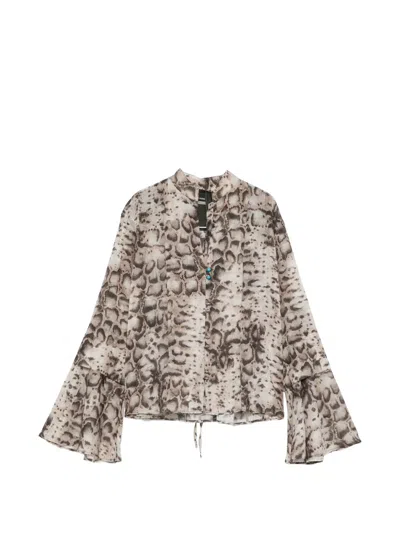 Pinko Snakeskin-print Flared-sleeve Shirt In Brown
