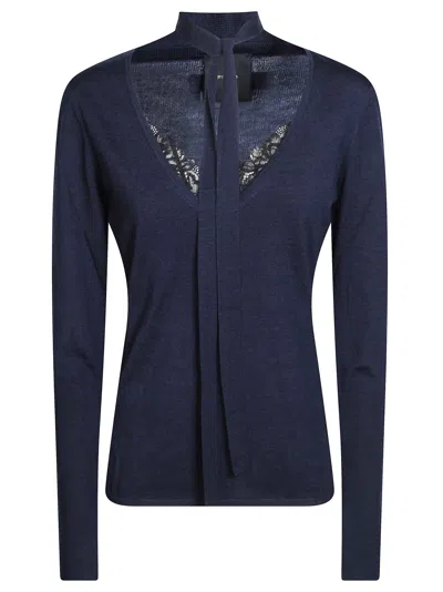 Pinko Soffio 100 Wool V-neck Lace Trim Long Sleeve Top In Blue