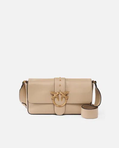 Pinko Soft Leather Love Bag Large Shoulder Bag In Beige-smoke Grey-antique Gold